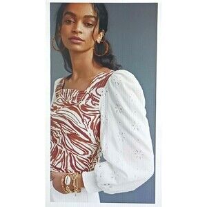 Anthropologie Love the Label Brown Print Smocked Cream Eyelet Puff Sleeve Top XL